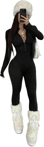 Women's Streetwear Solid Color Long Sleeve Half Zip Jumpsuit - Casual Fall Outfit, Comfortable & Trendy for Everyday Wear in Saudi Arabia