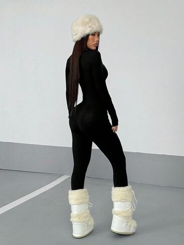 Women's Streetwear Solid Color Long Sleeve Half Zip Jumpsuit - Casual Fall Outfit, Comfortable & Trendy for Everyday Wear in Saudi Arabia