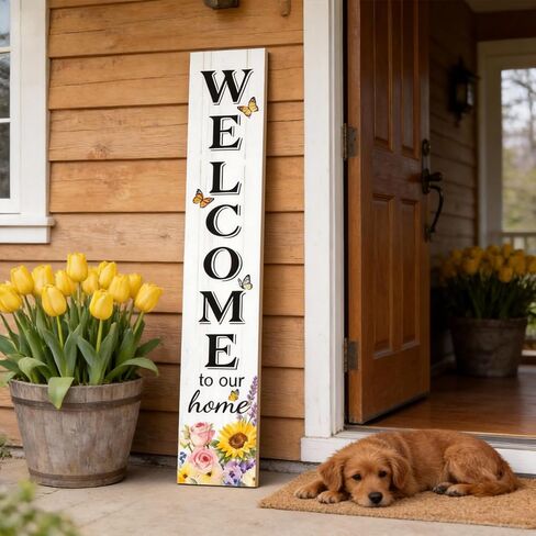 Welcome Sign for Front Door, Large 47 inch Wood Framed Welcome to Our Home Sign with Spring Flower Print & Hanging Rope, Vertical Farmhouse Wooden Board Standing for Outdoor Yard Patio in Saudi Arabia