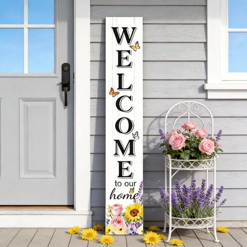 Welcome Sign for Front Door, Large 47 inch Wood Framed Welcome to Our Home Sign with Spring Flower Print & Hanging Rope, Vertical Farmhouse Wooden Board Standing for Outdoor Yard Patio in Saudi Arabia