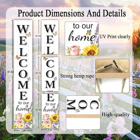Welcome Sign for Front Door, Large 47 inch Wood Framed Welcome to Our Home Sign with Spring Flower Print & Hanging Rope, Vertical Farmhouse Wooden Board Standing for Outdoor Yard Patio in Saudi Arabia