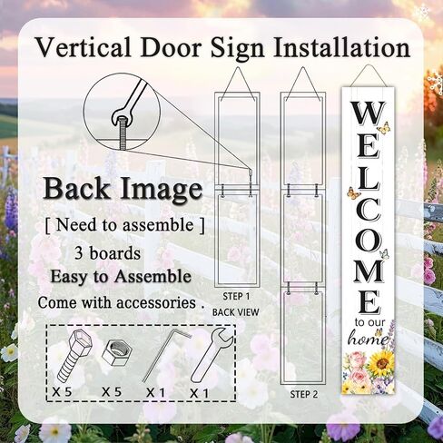 Welcome Sign for Front Door, Large 47 inch Wood Framed Welcome to Our Home Sign with Spring Flower Print & Hanging Rope, Vertical Farmhouse Wooden Board Standing for Outdoor Yard Patio in Saudi Arabia