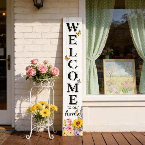Welcome Sign for Front Door, Large 47 inch Wood Framed Welcome to Our Home Sign with Spring Flower Print & Hanging Rope, Vertical Farmhouse Wooden Board Standing for Outdoor Yard Patio in Saudi Arabia