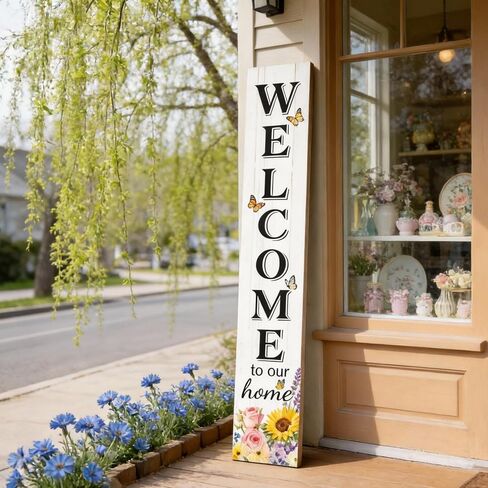 Welcome Sign for Front Door, Large 47 inch Wood Framed Welcome to Our Home Sign with Spring Flower Print & Hanging Rope, Vertical Farmhouse Wooden Board Standing for Outdoor Yard Patio in Saudi Arabia
