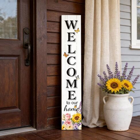 Welcome Sign for Front Door, Large 47 inch Wood Framed Welcome to Our Home Sign with Spring Flower Print & Hanging Rope, Vertical Farmhouse Wooden Board Standing for Outdoor Yard Patio in Saudi Arabia