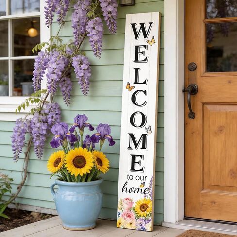 Welcome Sign for Front Door, Large 47 inch Wood Framed Welcome to Our Home Sign with Spring Flower Print & Hanging Rope, Vertical Farmhouse Wooden Board Standing for Outdoor Yard Patio in Saudi Arabia