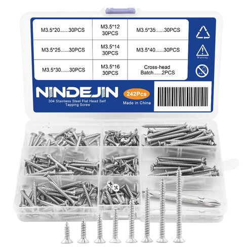 مجموعة متنوعة من مسامير التنصت الذاتية NINDEJIN M3.5، براغي خشبية مجلفنة من الصلب الكربوني، 282 قطعة من مسامير الخشب ذات الرأس المسطح ذات الرأس المتقاطع مع دفعة متقاطعة الرأس in Kuwait