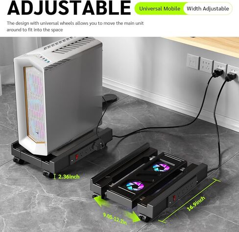 حامل وحدة المعالجة المركزية قابل للتعديل مع محطة شحن ومروحة تبريد مع ضوء RGB، حامل وحدة المعالجة المركزية المحمول مع 4 عجلات دوارة، دعامة وحدة المعالجة المركزية تحت المكتب وعربة الكمبيوتر الأرضية للمكتب والمنزل (مقبس مع مروحة) in Kuwait