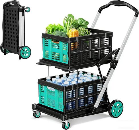 عربة تسوق قابلة للطي بعجلات من SILVEL، عربة بقالة بسعة 8 في 1 بسعة 200 رطل على عجلات مع صندوقي تخزين، عربة أدوات قابلة للطي للتسوق، والسفر، والسوبر ماركت، والمكاتب، باللون الأزرق المخضر in Kuwait