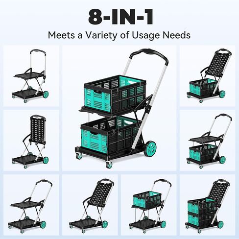 SILVEL Collapsible Shopping Cart with Wheels, 8-in-1 200LBS Capacity Grocery Cart on Wheels with 2 Storage Crate, Folding Utility Cart for Shopping, Travel, Supermarket, Office, Teal in Saudi Arabia