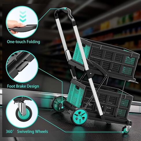 SILVEL Collapsible Shopping Cart with Wheels, 8-in-1 200LBS Capacity Grocery Cart on Wheels with 2 Storage Crate, Folding Utility Cart for Shopping, Travel, Supermarket, Office, Teal in Saudi Arabia