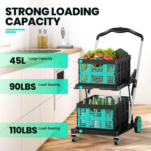 SILVEL Collapsible Shopping Cart with Wheels, 8-in-1 200LBS Capacity Grocery Cart on Wheels with 2 Storage Crate, Folding Utility Cart for Shopping, Travel, Supermarket, Office, Teal in Saudi Arabia