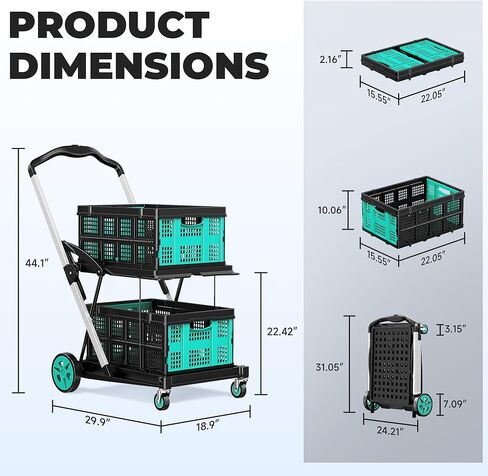 SILVEL Collapsible Shopping Cart with Wheels, 8-in-1 200LBS Capacity Grocery Cart on Wheels with 2 Storage Crate, Folding Utility Cart for Shopping, Travel, Supermarket, Office, Teal in Saudi Arabia