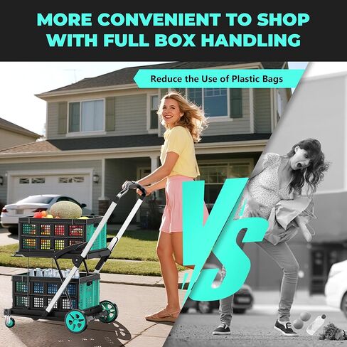 SILVEL Collapsible Shopping Cart with Wheels, 8-in-1 200LBS Capacity Grocery Cart on Wheels with 2 Storage Crate, Folding Utility Cart for Shopping, Travel, Supermarket, Office, Teal in Saudi Arabia