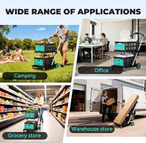 SILVEL Collapsible Shopping Cart with Wheels, 8-in-1 200LBS Capacity Grocery Cart on Wheels with 2 Storage Crate, Folding Utility Cart for Shopping, Travel, Supermarket, Office, Teal in Saudi Arabia
