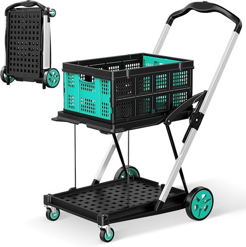 SILVEL Collapsible Shopping Cart with Wheels, 8-in-1 200LBS Capacity Grocery Cart on Wheels with 2 Storage Crate, Folding Utility Cart for Shopping, Travel, Supermarket, Office, Teal in Saudi Arabia