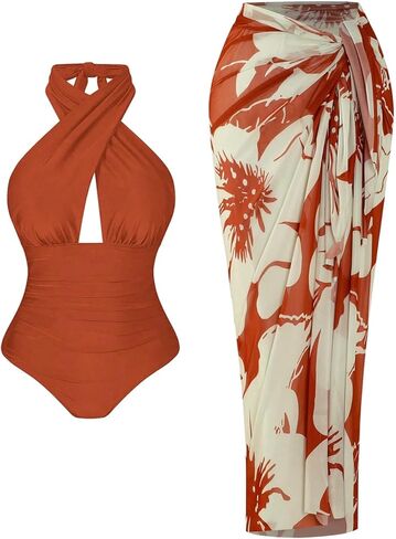 Floerns Women's Plus Size Halter One Piece Swimsuit Criss Cross Monokini with Cover Up Skirt in Saudi Arabia