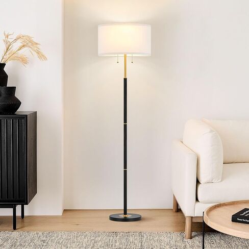 ELYONA 2-Light Wood Floor Lamp لغرفة النوم منتصف القرن مصباح قائم حديث أبيض قماش الظل طويل القامة عمود ضوء الزاوية لغرفة المعيشة مكتب 3 درجات حرارة اللون 9W LED لمبات تشمل، النحاس المصقول in Kuwait