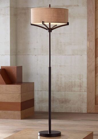 Franklin Iron Works Tremont Modern Mid Century Floor Lamp يقف 62 بوصة طويل القامة برونزي عميق معدن تان الخيش طبل الظل لغرفة المعيشة القراءة غرفة النوم مكتب المنزل ديكور المنزل in Kuwait