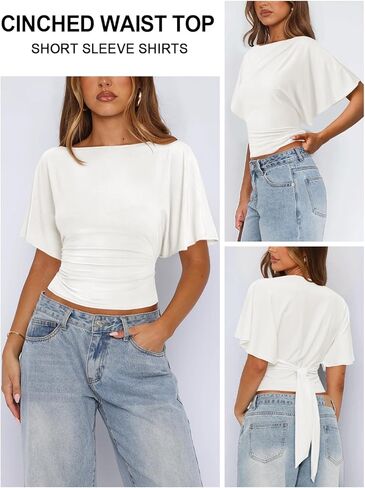 Womens Boat Neck Batwing Tops for Women Cinched Waist Top Tie Back Short Sleeve Shirts Business Casual Clothing in Saudi Arabia