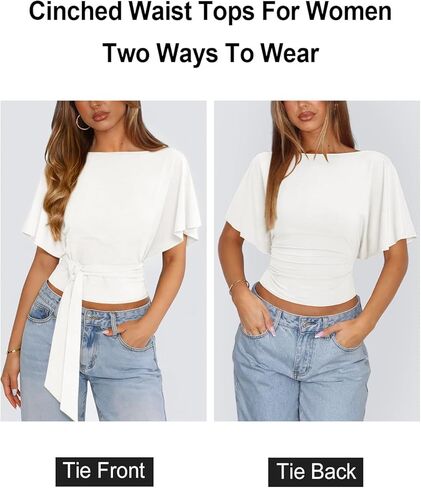 Womens Boat Neck Batwing Tops for Women Cinched Waist Top Tie Back Short Sleeve Shirts Business Casual Clothing in Saudi Arabia