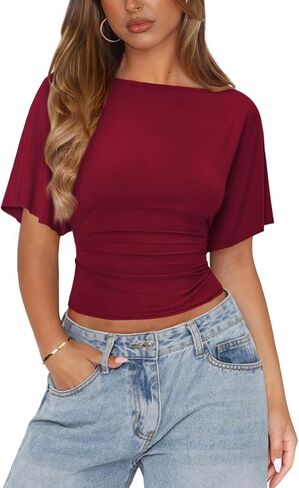 Womens Boat Neck Batwing Tops for Women Cinched Waist Top Tie Back Short Sleeve Shirts Business Casual Clothing in Saudi Arabia