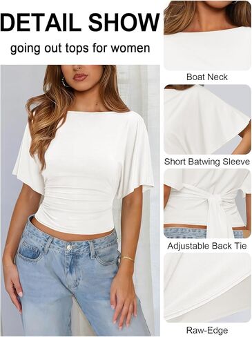 Womens Boat Neck Batwing Tops for Women Cinched Waist Top Tie Back Short Sleeve Shirts Business Casual Clothing in Saudi Arabia