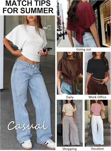 Womens Boat Neck Batwing Tops for Women Cinched Waist Top Tie Back Short Sleeve Shirts Business Casual Clothing in Saudi Arabia
