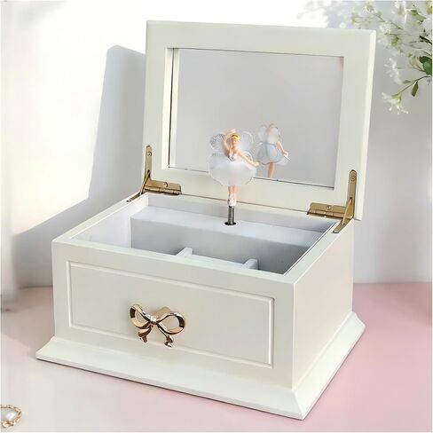 صندوق مجوهرات موسيقي خشبي أبيض مع راقصة الباليه الدوارة للفتيات والنساء، نغمة بحيرة البجع، هدايا لعيد الميلاد والعطلات، 7.5 × 5.5 × 4.1 بوصة in Kuwait