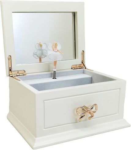 صندوق مجوهرات موسيقي خشبي أبيض مع راقصة الباليه الدوارة للفتيات والنساء، نغمة بحيرة البجع، هدايا لعيد الميلاد والعطلات، 7.5 × 5.5 × 4.1 بوصة in Kuwait