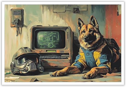 ECUASMR Fallout Inspired German Shepherd Companion Artwork Poster - Canvas Wall Art Decoration for Any Room - Power Armor Helmet Poster Print 12X16 in Unframed in Saudi Arabia