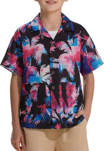 Haloumoning Boys Hawaiian Short Sleeve Button Down Shirt Kids Summer Print Beach Dress Shirts with Pockets 5-14Y in Saudi Arabia