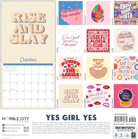 Motivational 2026 Wall Calendar | Empowering Women & Girls Gift | Motivation Quotes & Sassy Girl Power | 2026 Wall Calendar | Marble City Press | 12" x 24" Open | Sustainable | Plastic Free | Thick & Sturdy Art Paper | Rise and Slay | Know Your Worth in Kuwait