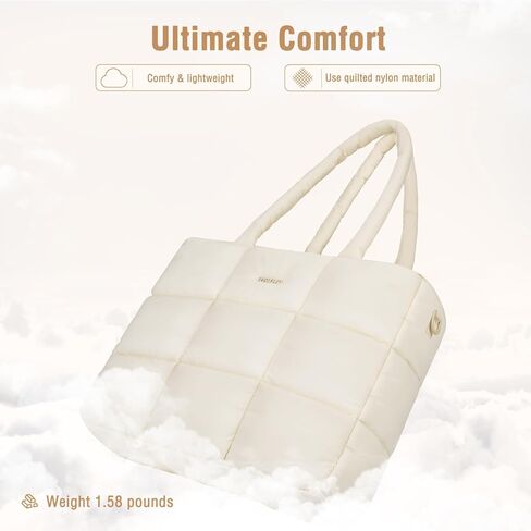 MOSISO Tote Bag for Women, 15.6 inch Lightweight Puffy Tote Bag with Laptop Compartment, 15-16 inch Large Capacity Quilted Shoulder Bag Handbag for Travel, Work, Gym, Office, Beige in Saudi Arabia