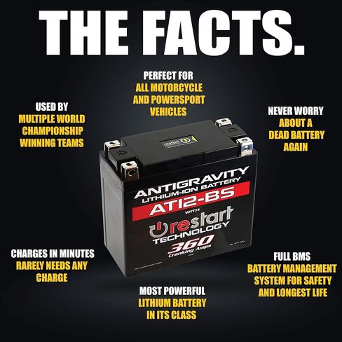 Antigravity AT12BS-RS Lithium Ion Battery with BMS and Re-Start Technology - 360cca 2.3 Pounds 12Ah Lightweight Motorcycle Battery - Replaces YTZ10S - YTZ12 - YTZ14 - YTX9 - YTX7A-BS - YT12A-BS in Saudi Arabia