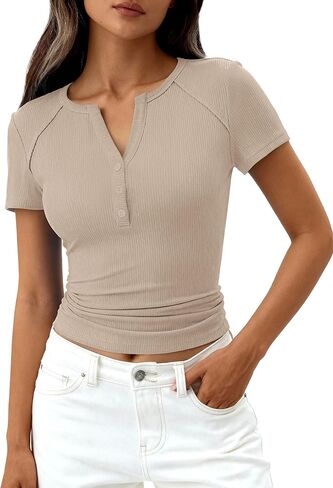 قمصان PRETTYGARDEN Henley للنساء 2026 قطع علوية صيفية بأكمام قصيرة ورقبة على شكل V قمصان عمل أساسية مزودة بأزرار مضلعة in Kuwait