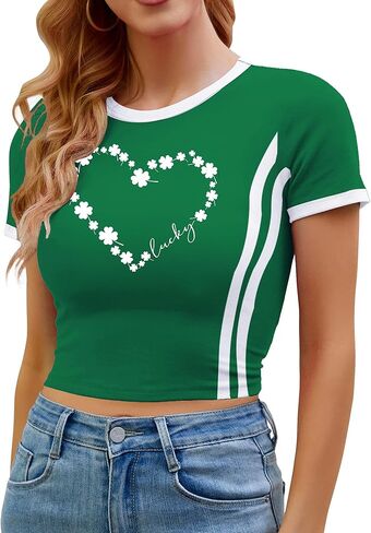 قميص عيد القديس باتريك للنساء قصير: قميص Lucky Shirt St Paddy تي شيرت أيرلندي بأكمام قصيرة وقمصان شامروك in Kuwait