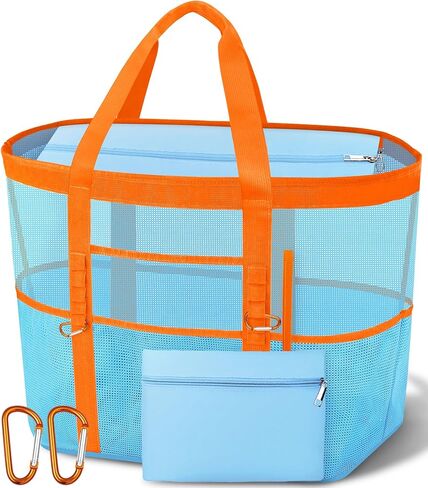 2026 Stylish & Spacious XX-Large Beach Bag for Women – Mesh × Canvas Tote with Top Zipper, 11 Tall Pockets | 40L+ Spacious, 11 Tall Pockets, Zipper Pouch, Secure Zip-Top, Sand-Resistant Base in Kuwait