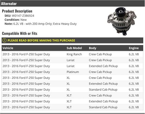 المولد - خيار الخدمة الشاقة 200 أمبير - متوافق مع 2013-2016 Ford F-250 Super Duty 6.2L V8 in Kuwait