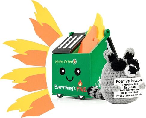 320Pcs Funny Sticky Notes Flame Note Cards with Desk Dumpster Fire Sticky Note Holder & Tiny Emotional Support Crochet Raccoon Plush Funny Office Supplies for Coworker Teacher Women Men (Black) in Saudi Arabia