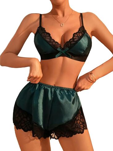 SHENHE Women's 2 Piece Satin Lingerie Set Bowknot Lace Bra and Shorts Underwear Sets in Saudi Arabia