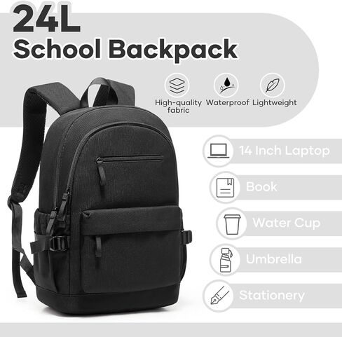School Bag, Water Resistant School Backpack for Teen Girls Boys, 14 Inch Laptop Backpack for Women Men, Durable Lightweight Bookbag for Middle High School & College, Travel Daypack, Black in Kuwait