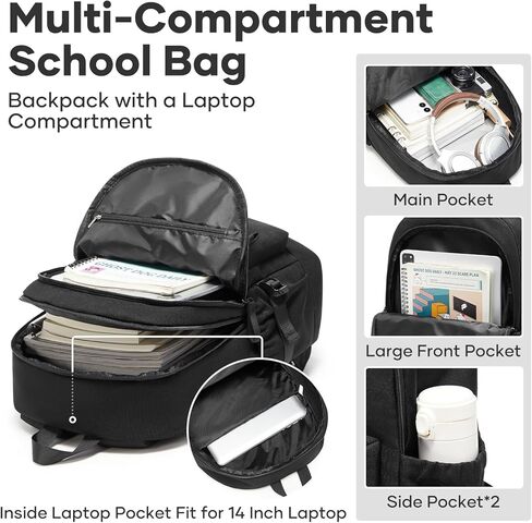 School Bag, Water Resistant School Backpack for Teen Girls Boys, 14 Inch Laptop Backpack for Women Men, Durable Lightweight Bookbag for Middle High School & College, Travel Daypack, Black in Kuwait