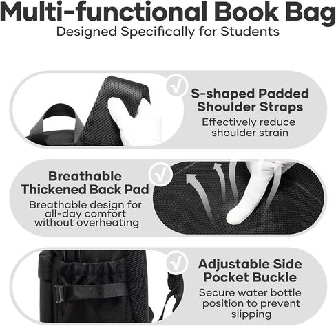 School Bag, Water Resistant School Backpack for Teen Girls Boys, 14 Inch Laptop Backpack for Women Men, Durable Lightweight Bookbag for Middle High School & College, Travel Daypack, Black in Kuwait