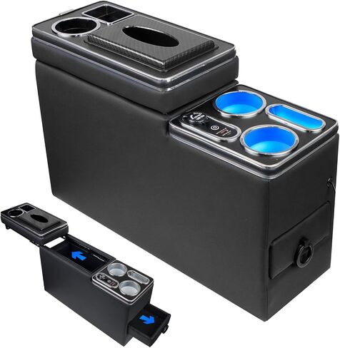 Center Console Between Seat Organizer for Minivans & SUVs - Tissue Box, Type-C & USB Fast Charge, 7-Color Ambient Light, Cup Holders, Middle Van Floor Console Storage Box (Black) in Saudi Arabia