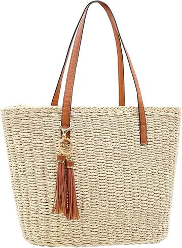 Straw Tote Bag for Women Beach Woven Shoulder Handbags for Summer Travel vacation with Tassel in Kuwait