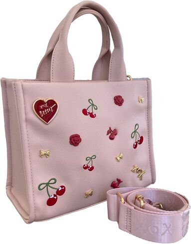 Betsey Johnson XO Nora Textured Blush Faux Leather 3D Red Roses, Gold Tone Bows, XOX Betsey Heart & Insignia with 3D & Embroidered Cherries Detail SMALL Top Handle Tote Shoulder Bag Handbag in Saudi Arabia