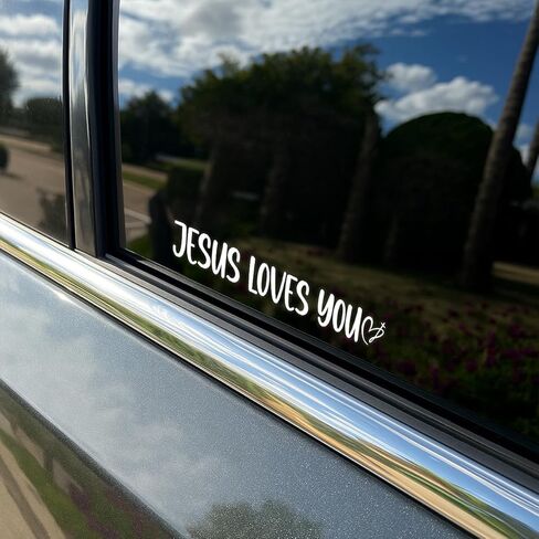 ملصق مرآة الرؤية الخلفية المسيحية الفاخر من قطعتين، ملصقات الإيمان الفينيل Jesus Loves You للسيارات أو الشاحنات أو أجهزة الكمبيوتر المحمولة - هدية ملصق ديني للرجال والنساء مقاس 8 بوصة × 1 بوصة in Kuwait