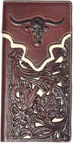 محفظة طويلة ثنائية الطي من الجلد الطبيعي مقطوعة بالليزر من Texas West Western للرجال (قهوة/بيج) in Kuwait