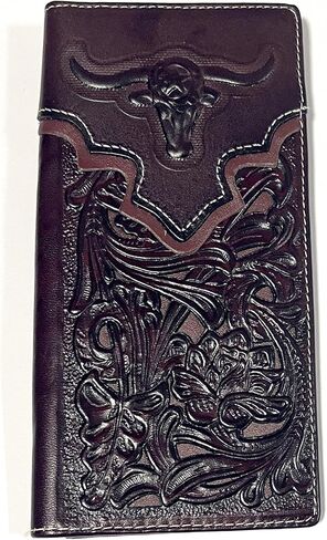 Texas West Western Men's Laser Cut Genuine Leather Longhorn Long Bifold Wallet (Coffee/Beige) in Kuwait
